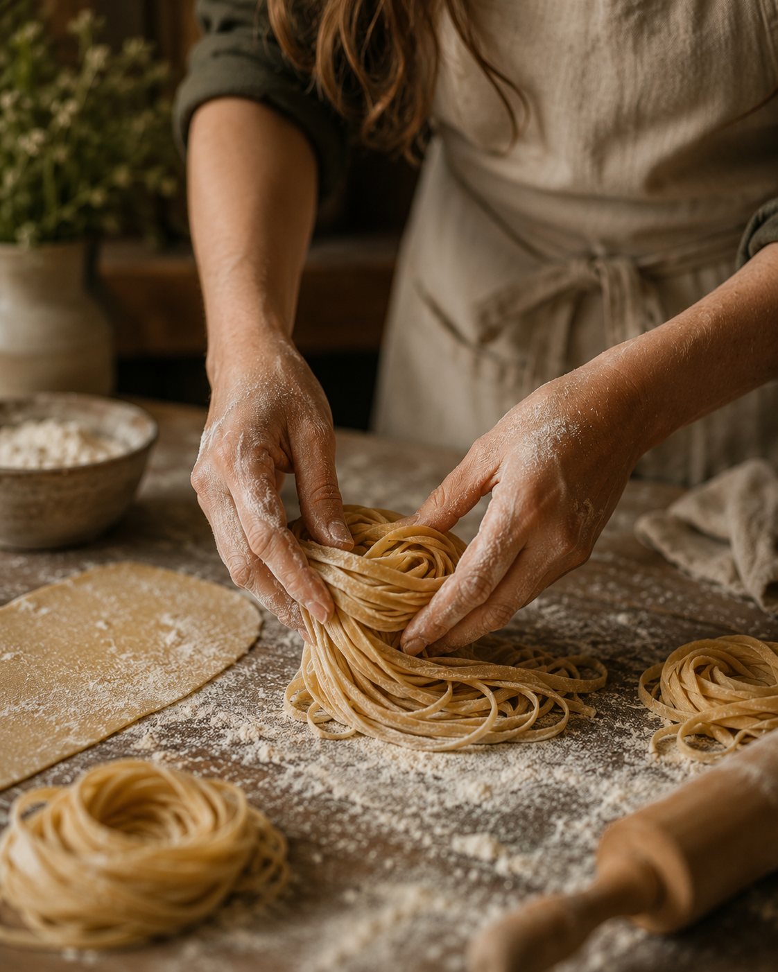 Hands making fresh pasta by hand on a rustic work surface.