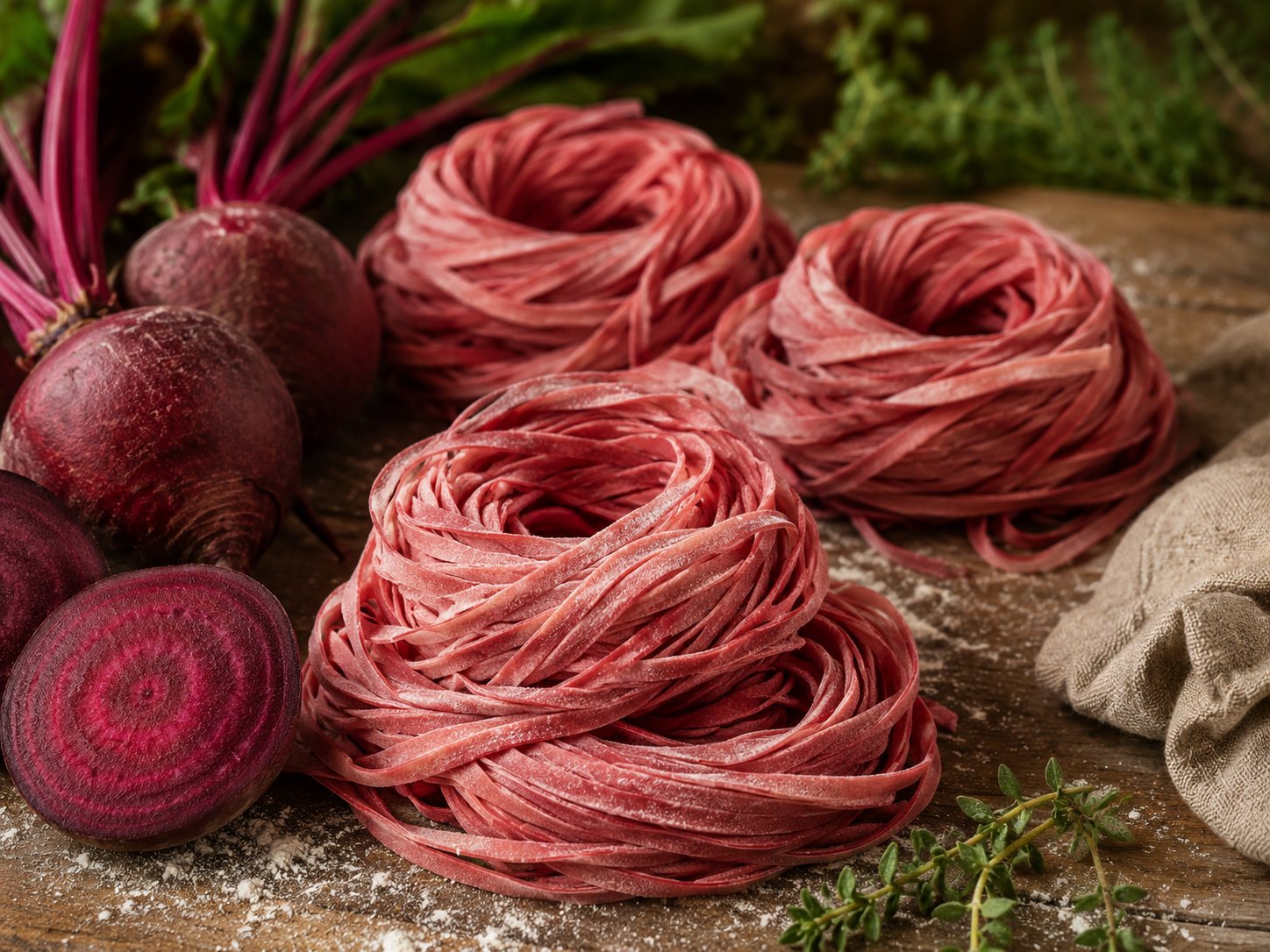 Fresh beet pasta arranged with beets on a rustic table.