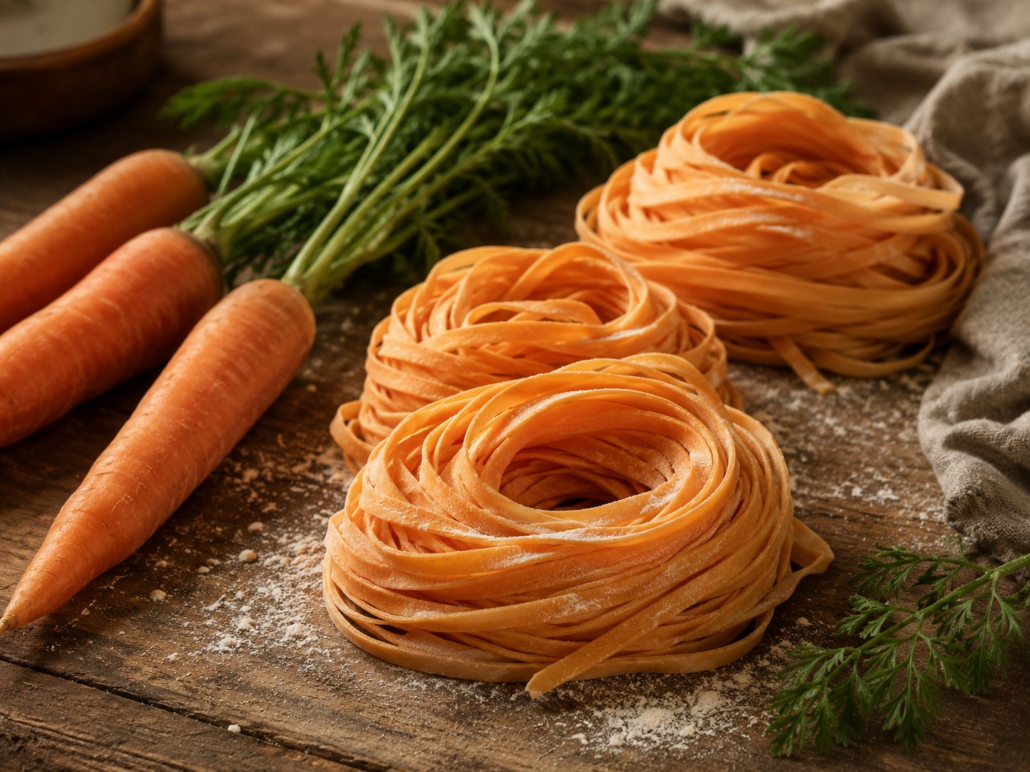 Fresh carrot pasta arranged with carrots on a rustic table.