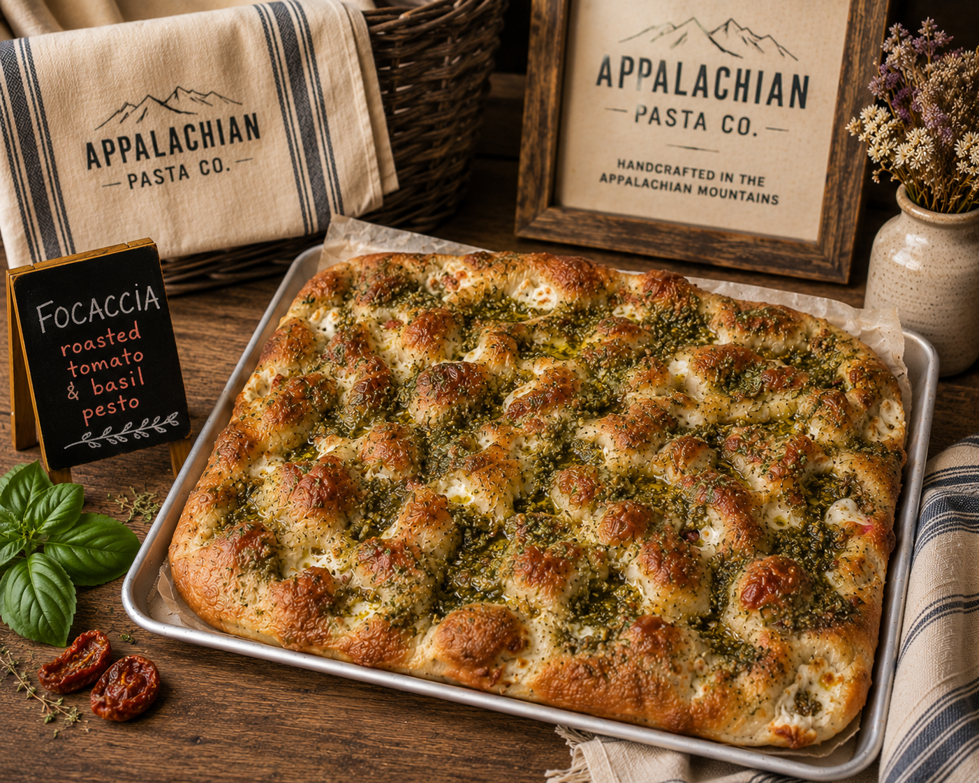 Fresh handmade focaccia with a golden crust on a rustic table.