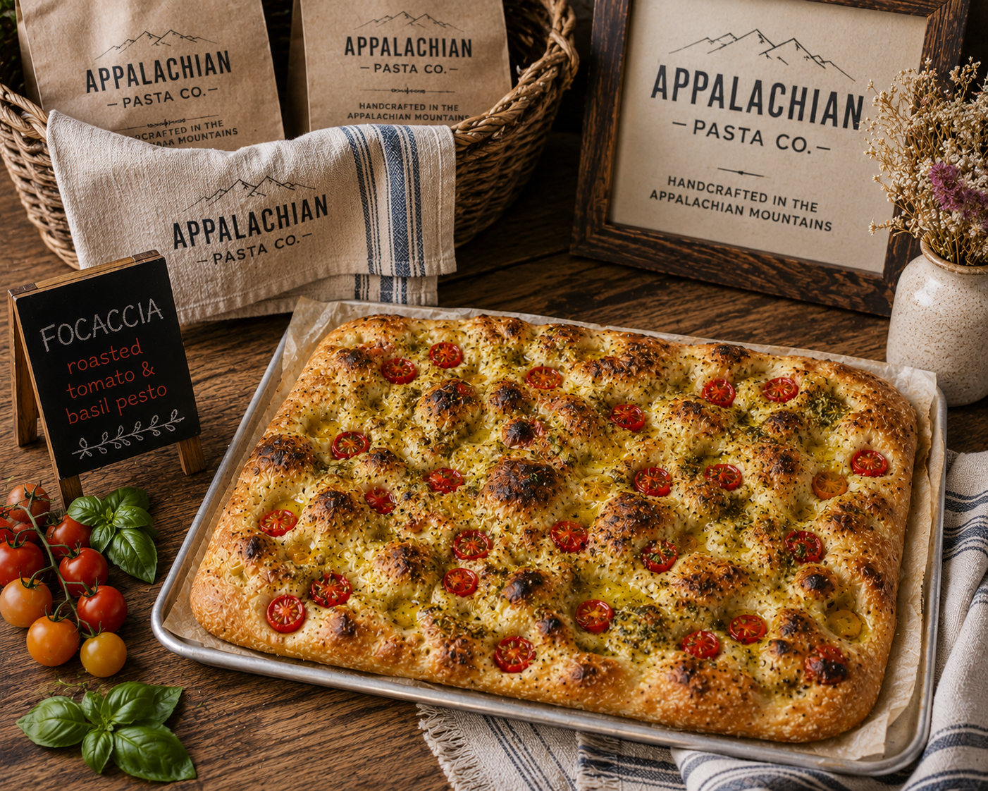 Fresh handmade focaccia with a golden crust on a rustic table.