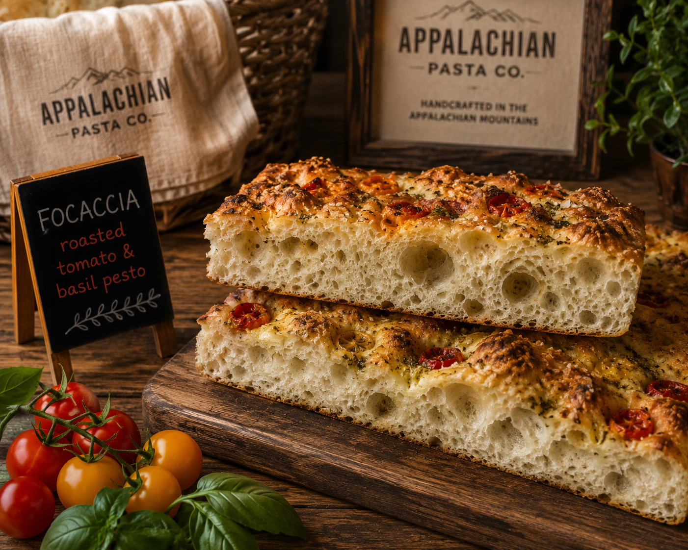Fresh handmade focaccia with a golden crust on a rustic table.