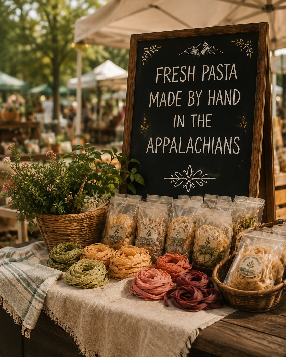 Fresh handmade pasta displayed at a local market table.