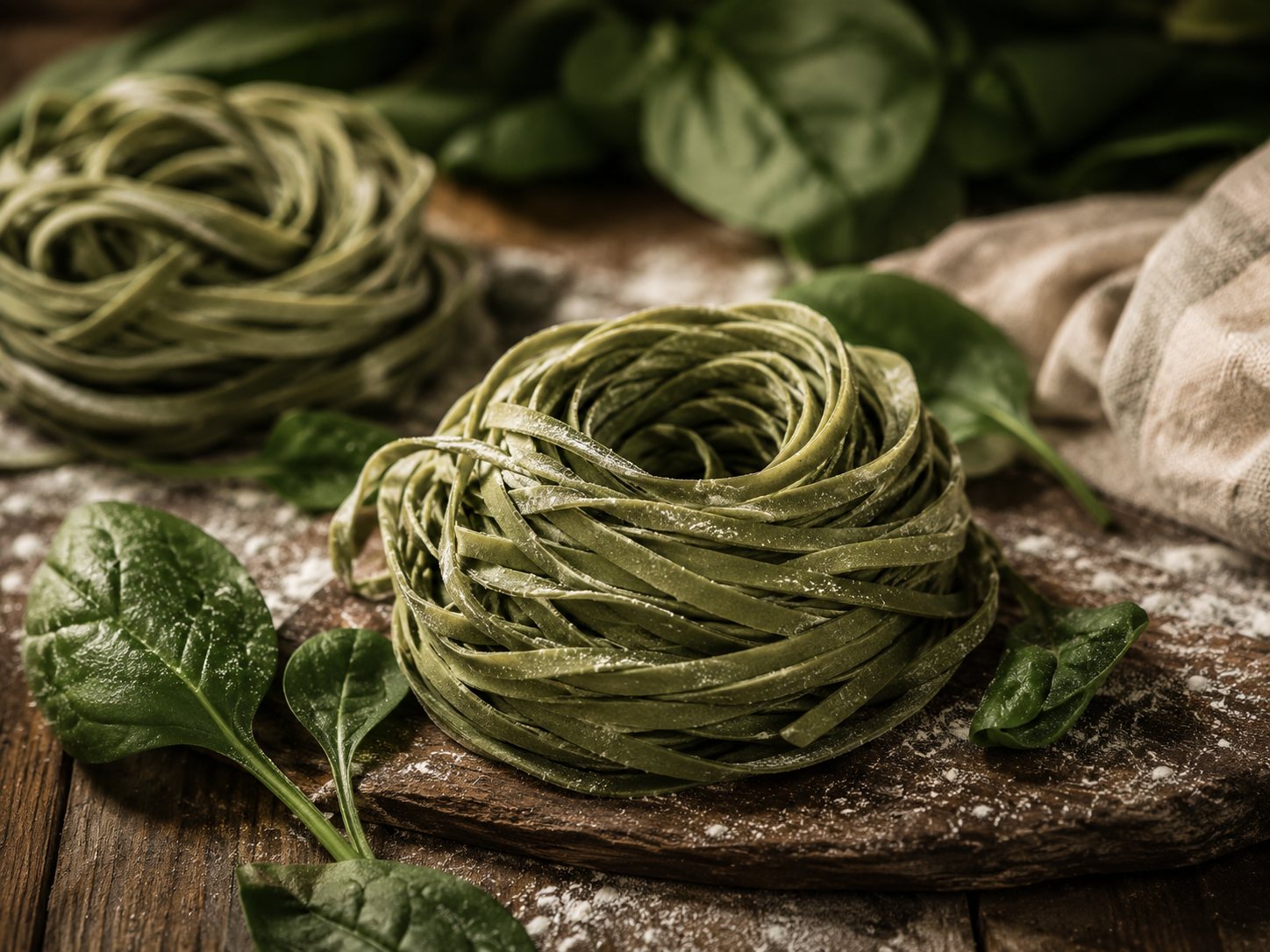 Fresh spinach pasta arranged with spinach on a rustic table.